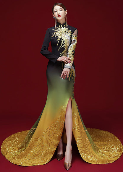 Chinese Style Black Yellow Embroidered Side Open Silk Dress Long Sleeve