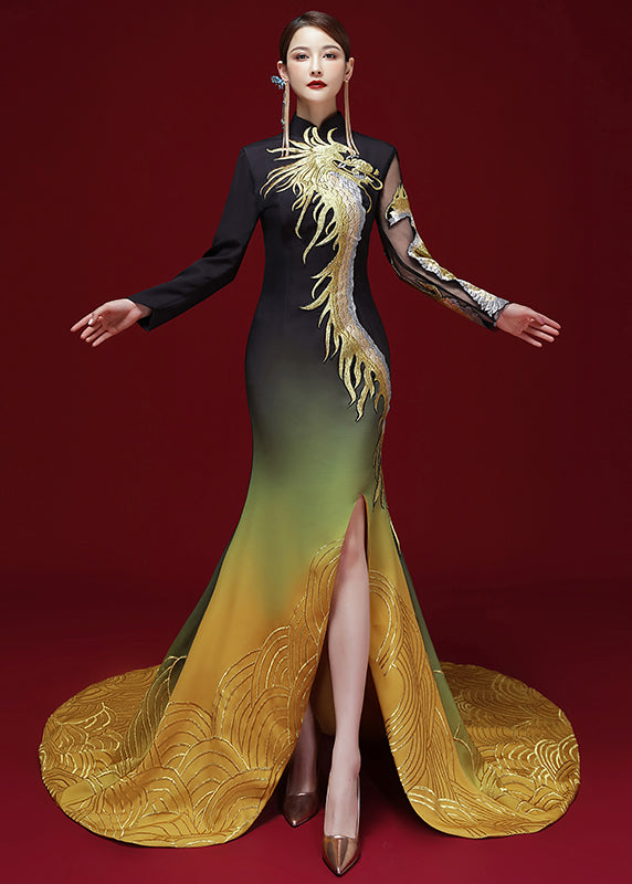 Chinese Style Black Yellow Embroidered Side Open Silk Dress Long Sleeve