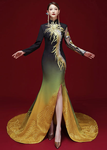 Chinese Style Black Yellow Embroidered Side Open Silk Dress Long Sleeve