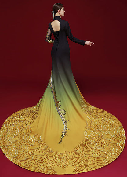 Chinese Style Black Yellow Embroidered Side Open Silk Dress Long Sleeve