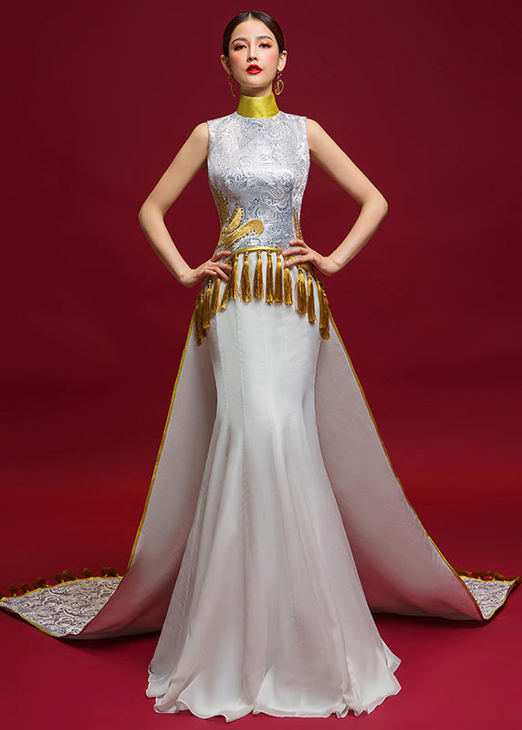 Chinese Style White Tasseled Embroidered Silk Dresses Sleeveless