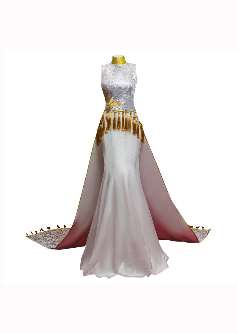 Chinese Style White Tasseled Embroidered Silk Dresses Sleeveless