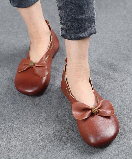 Chocolate Bow Cowhide Flat Shoes for