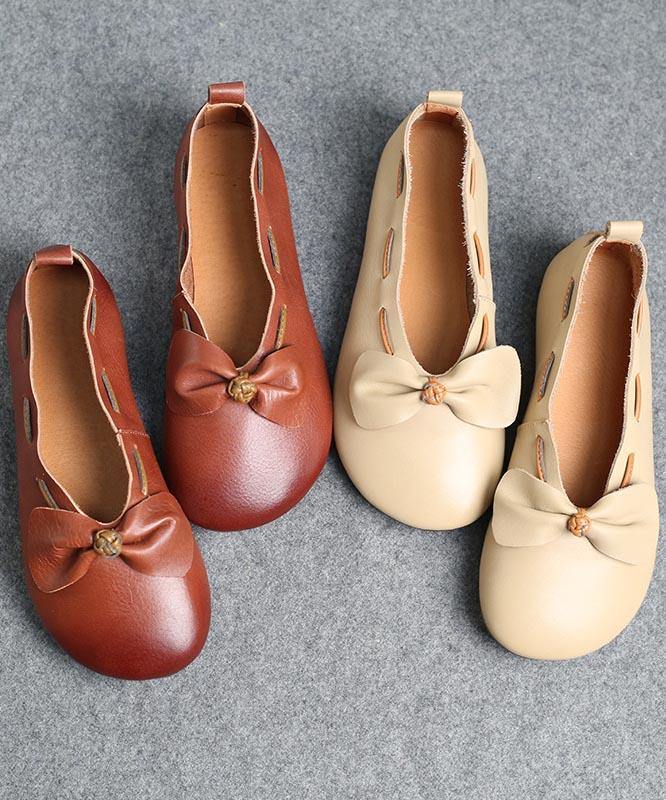 Chocolate Bow Cowhide Flat Shoes for