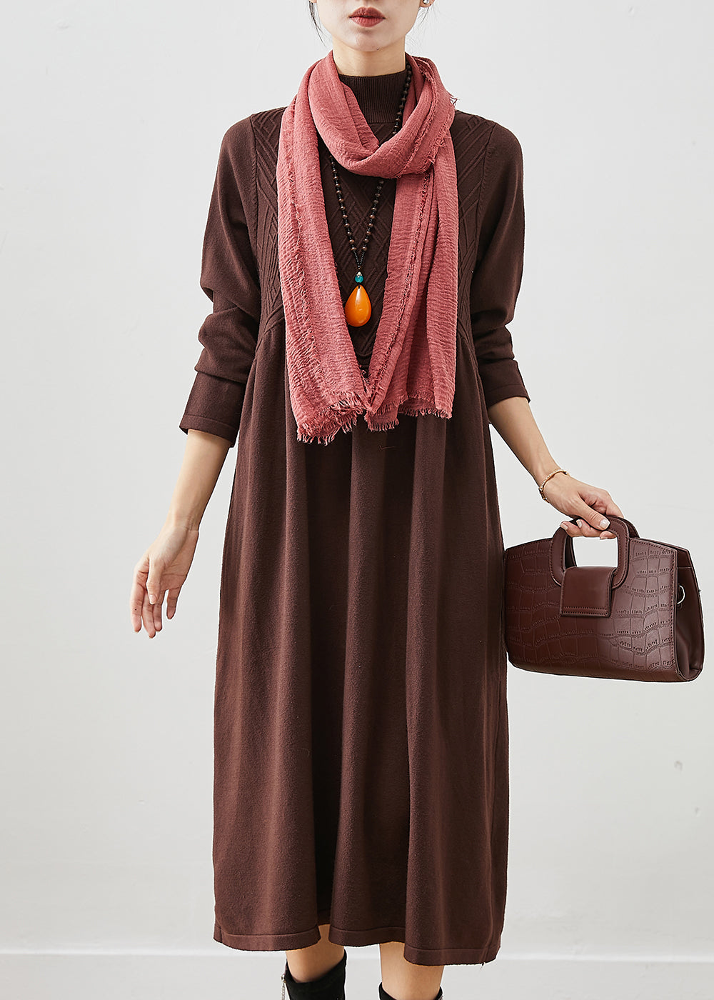Chocolate Stand Collar Knit Holiday Dress Spring
