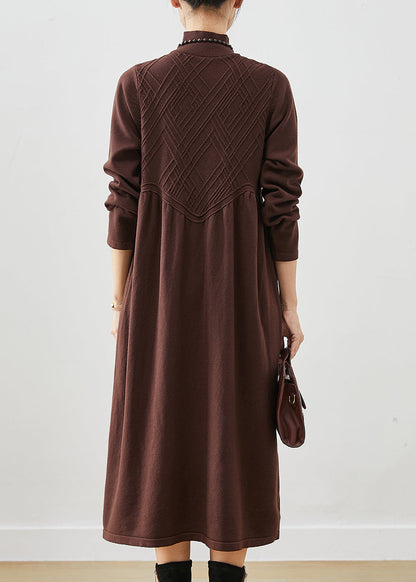 Chocolate Stand Collar Knit Holiday Dress Spring