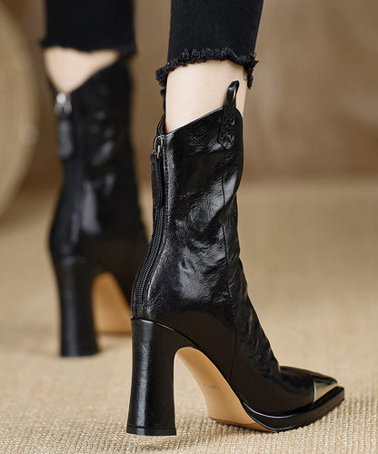 Chunky Heel Boots Black Sheepskin Pointed Toe