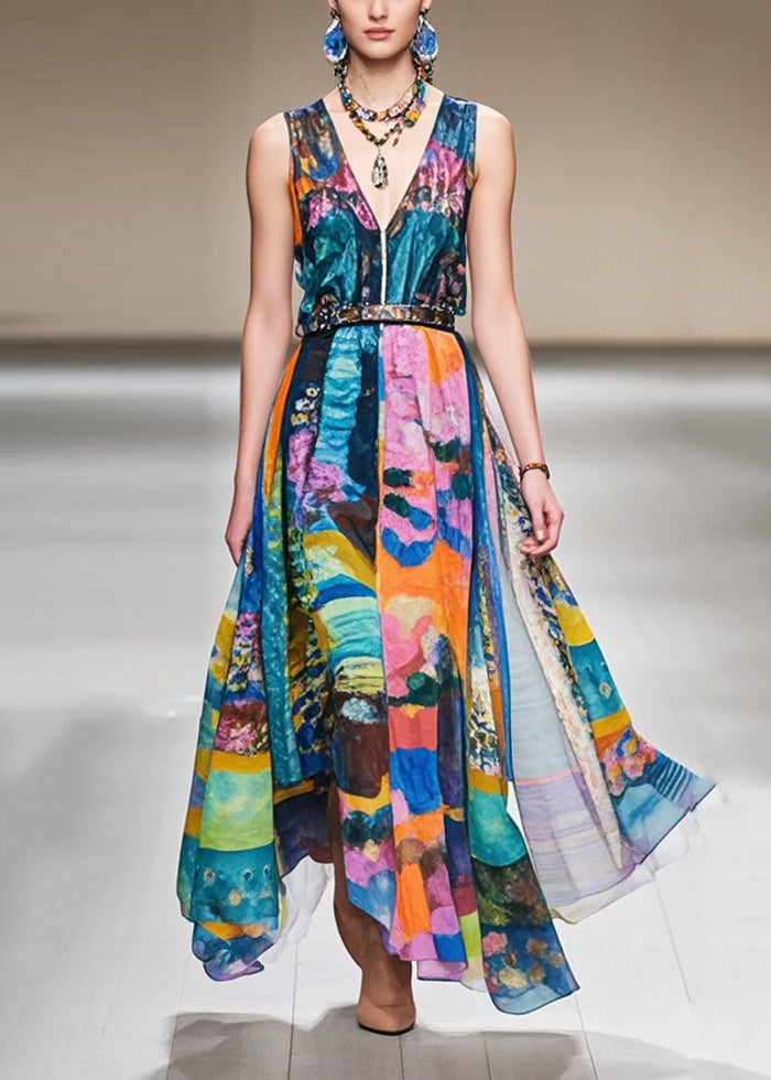 Cinched Print Exra Large Hem Chiffon Dresses Sleeveless