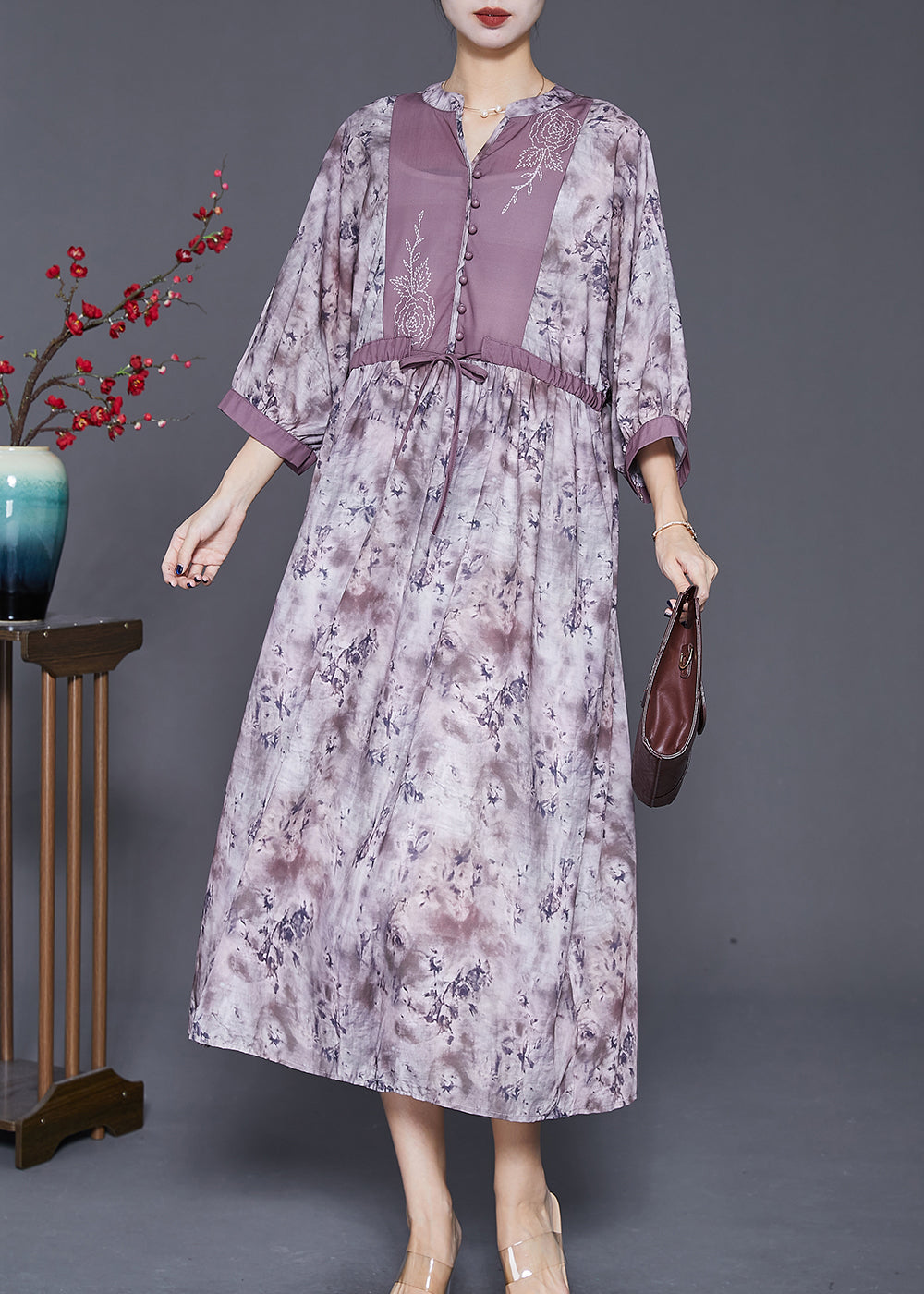 Cinched Tie Dye Cotton Long Dresses Bracelet Sleeve