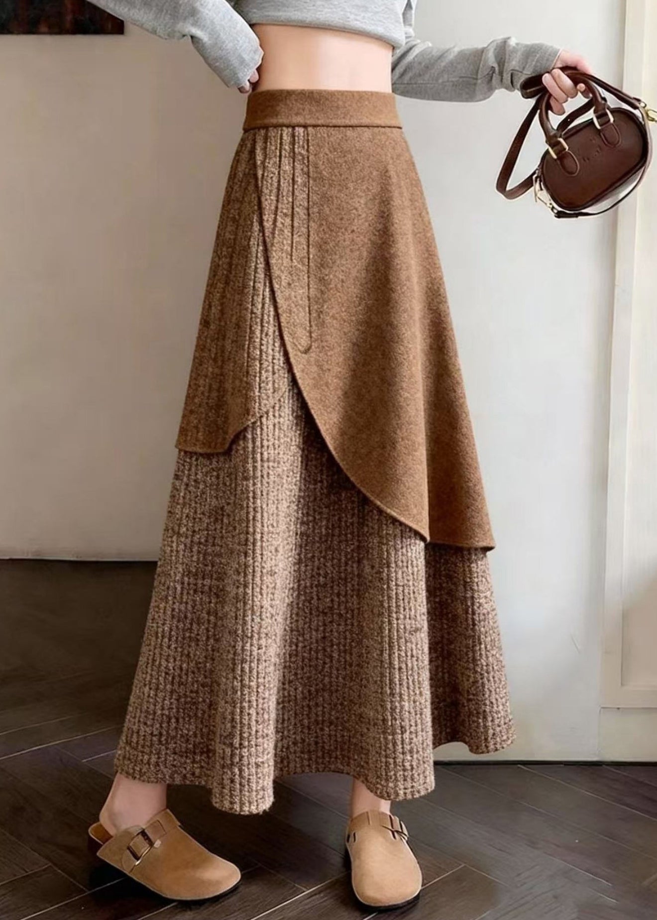 Coffee Asymmetrical Design Knit a Line Skirts Spring