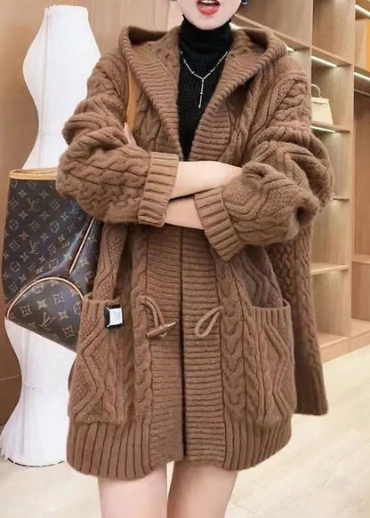 Chocolate Colour Button Cable Knit Sweaters Coats Fall