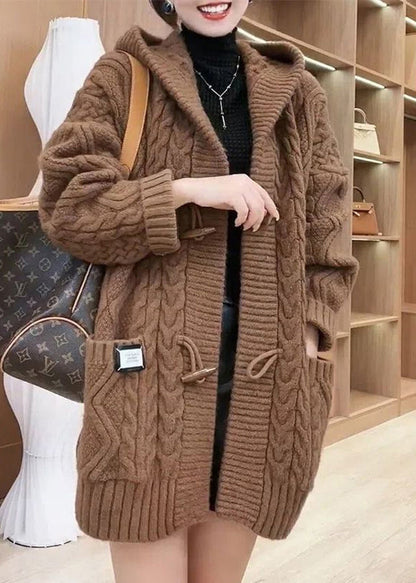 Chocolate Colour Button Cable Knit Sweaters Coats Fall