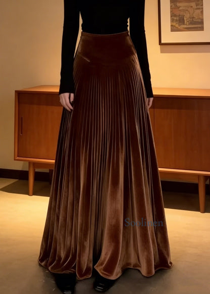 Coffee Elastic Waist Silk Velvet Maxi Skirts Spring