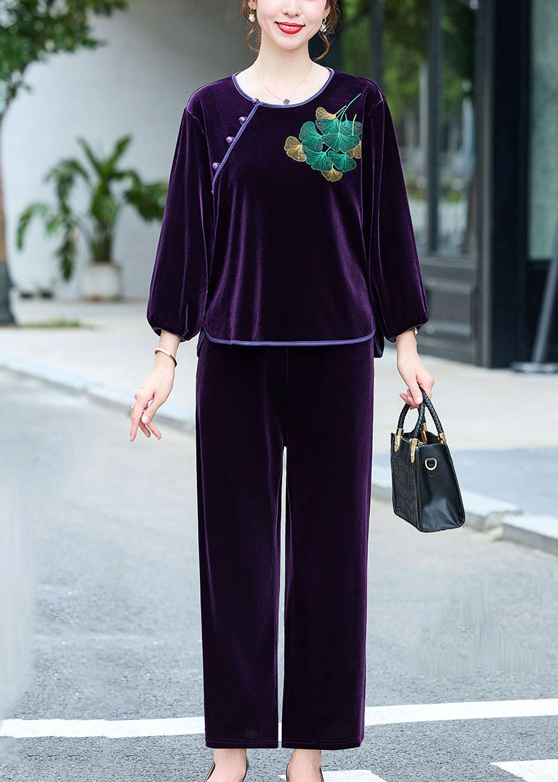 Coffee Embroidered Button Silk Velour Top and Pants Two Pieces Set Long Sleeve