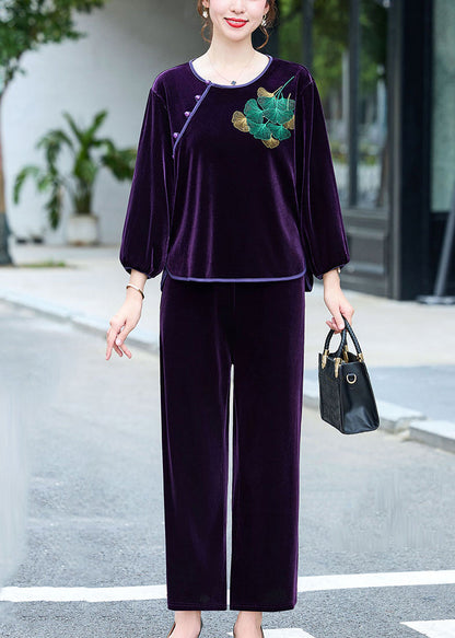 Coffee Embroidered Button Silk Velour Top and Pants Two Pieces Set Long Sleeve