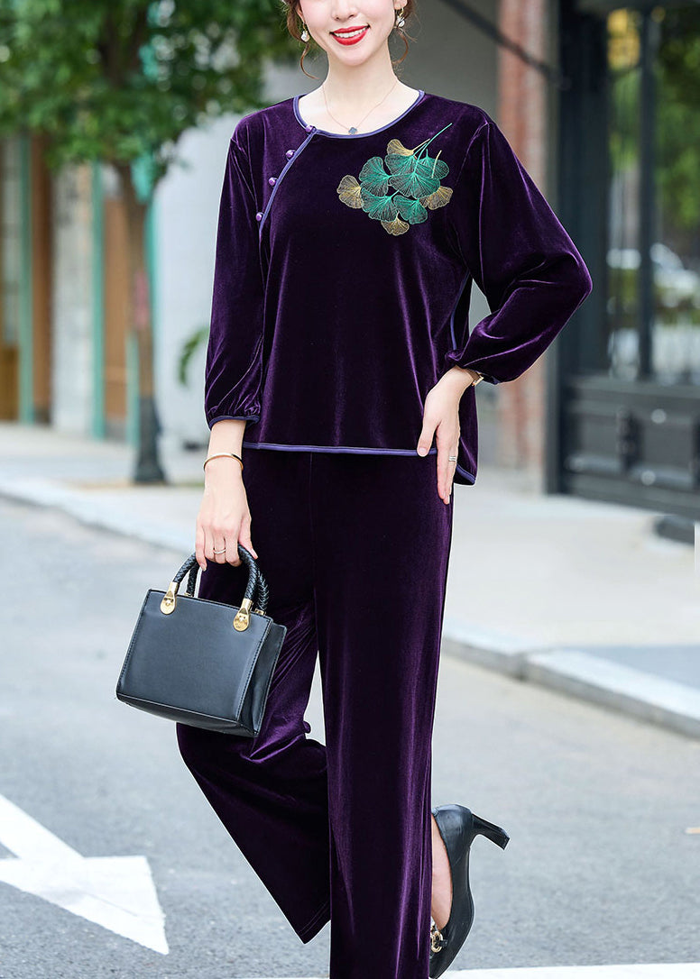 Coffee Embroidered Button Silk Velour Top and Pants Two Pieces Set Long Sleeve