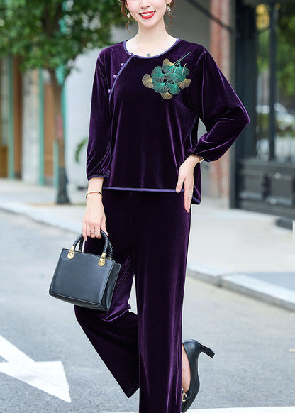 Coffee Embroidered Button Silk Velour Top and Pants Two Pieces Set Long Sleeve