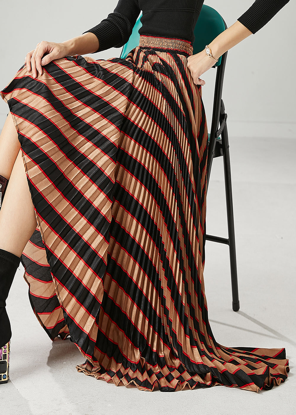 Coffee High Waist Striped Spandex Pleated Skirts Spring