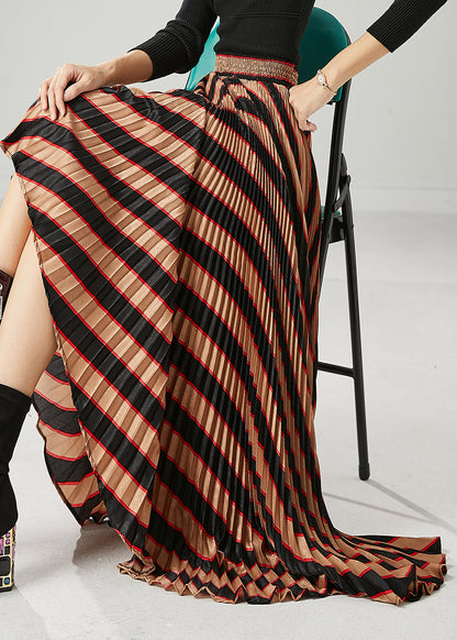 Coffee High Waist Striped Spandex Pleated Skirts Spring