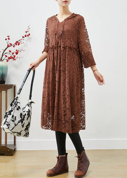Coffee Hooded Ruffled Lace Dresses Fall