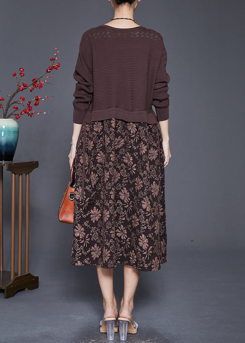 Coffee Jacquard Patchwork Knit Maxi Dresses Fall