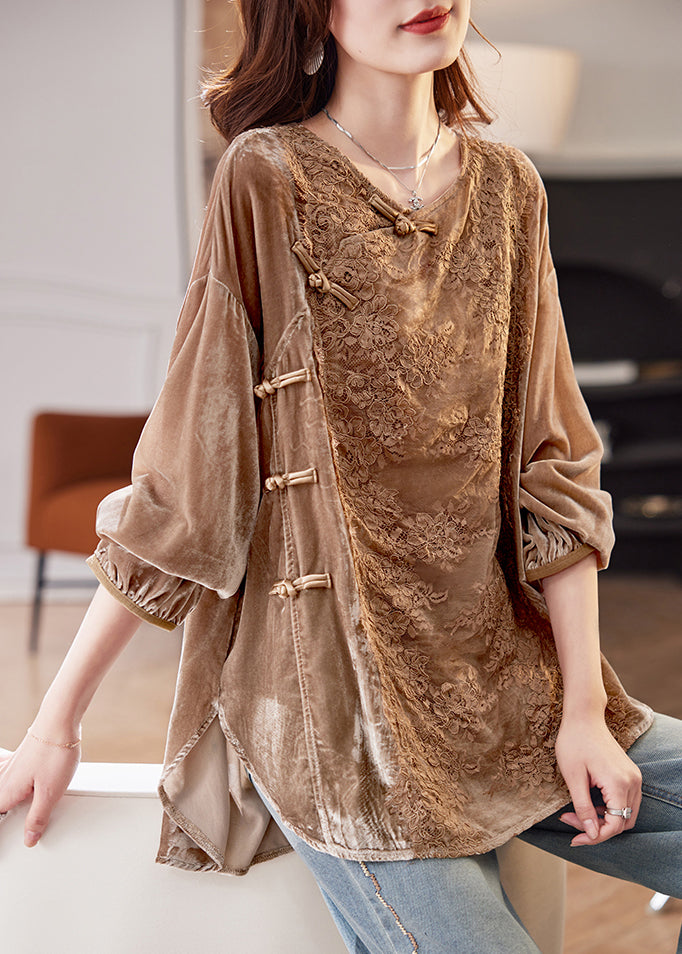 Elegant Coffee Lace Patchwork Side Open Silk Velour Shirt Spring
