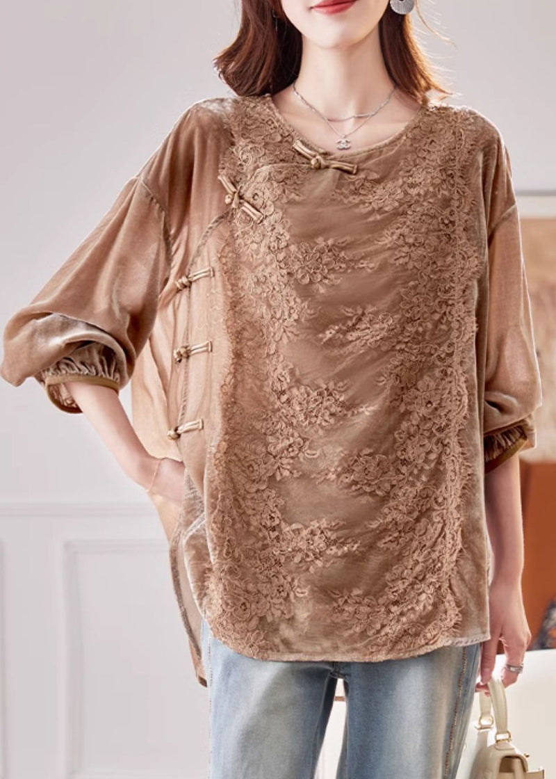 Coffee Lace Patchwork Side Open Silk Velour Shirt Spring