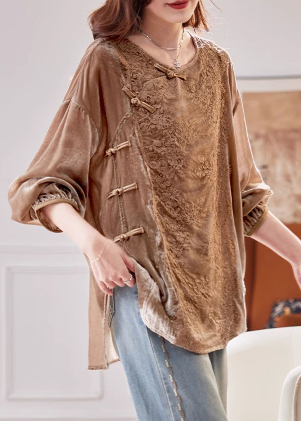 Elegant Coffee Lace Patchwork Side Open Silk Velour Shirt Spring