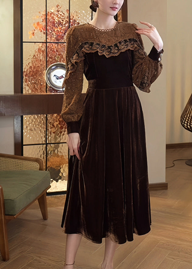 Coffee Lace Patchwork Silk Velvet Dress Spring