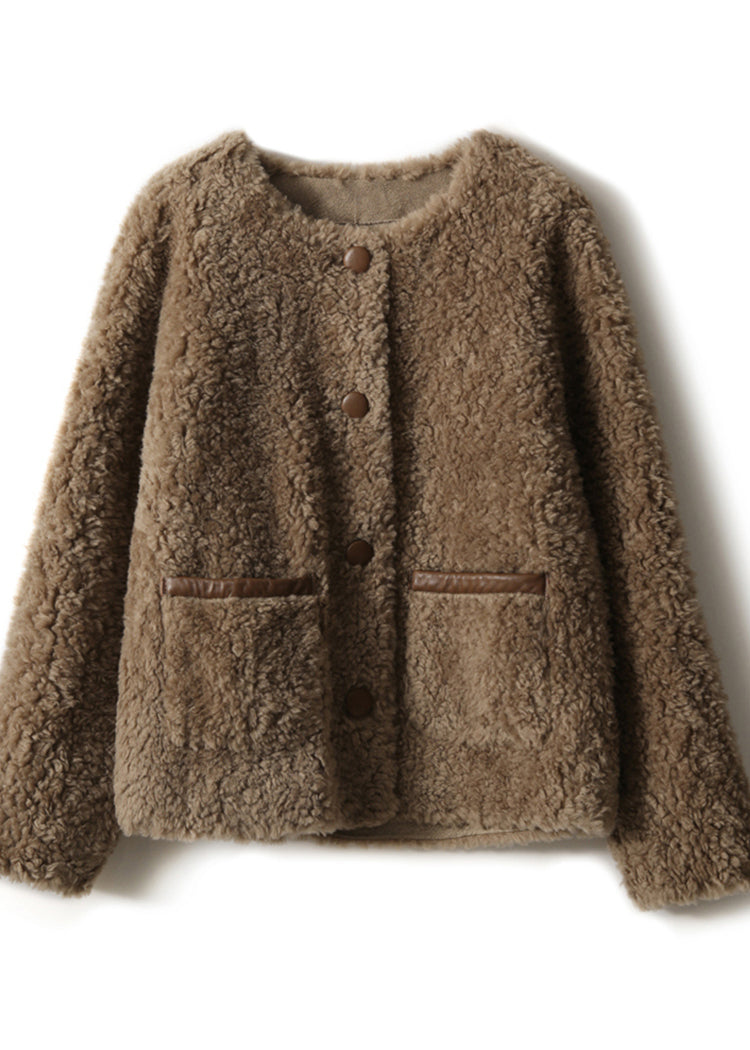 Chocolate O-neck Button Faux Fur Coats Fall