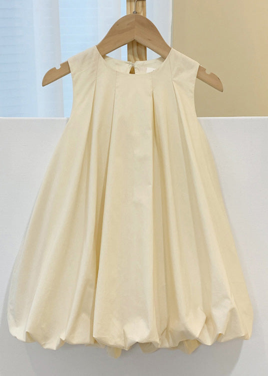 Coffee O-neck Patchwork Wrinkled Cotton Kids Maxi Dresses Sleeveless