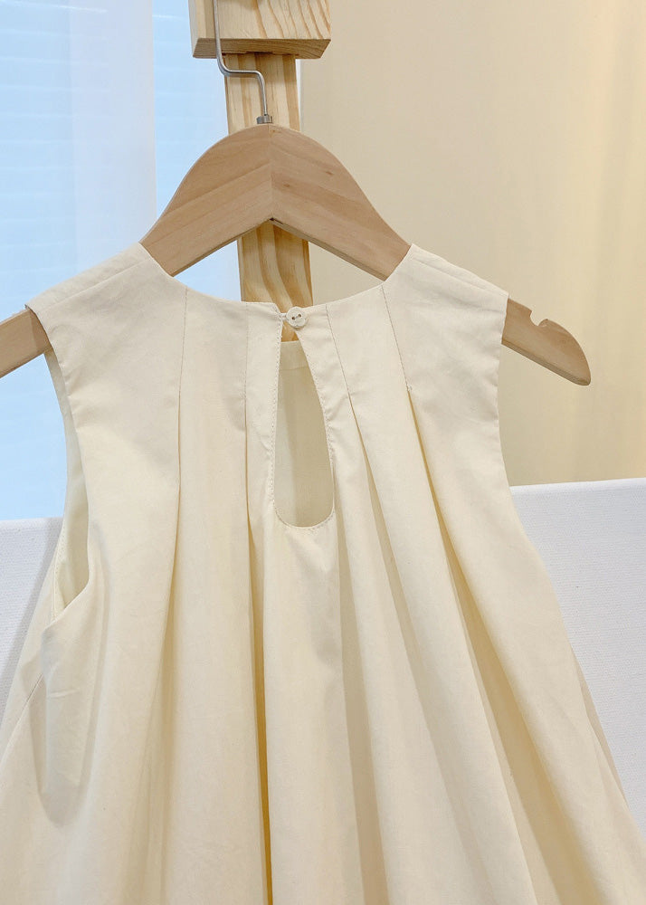 Coffee O-neck Patchwork Wrinkled Cotton Kids Maxi Dresses Sleeveless