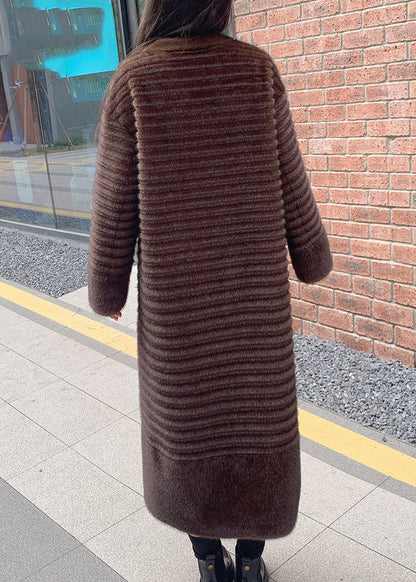 Coffee O-neck Pockets Print Leather and Fur Long Coats Spring