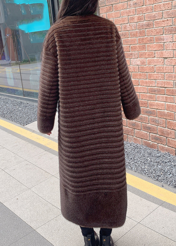 Coffee O-neck Pockets Print Leather and Fur Long Coats Spring