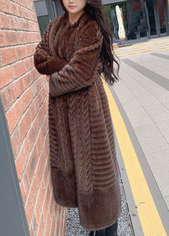 Coffee O-neck Pockets Print Leather and Fur Long Coats Spring
