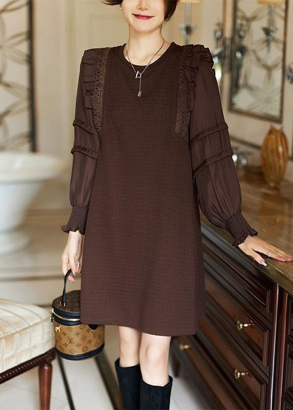 Coffee O-neck Ruffled Patchwork Cotton Dresses Spring