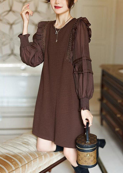 Coffee O-neck Ruffled Patchwork Cotton Dresses Spring