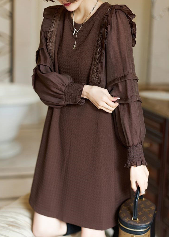 Coffee O-neck Ruffled Patchwork Cotton Dresses Spring