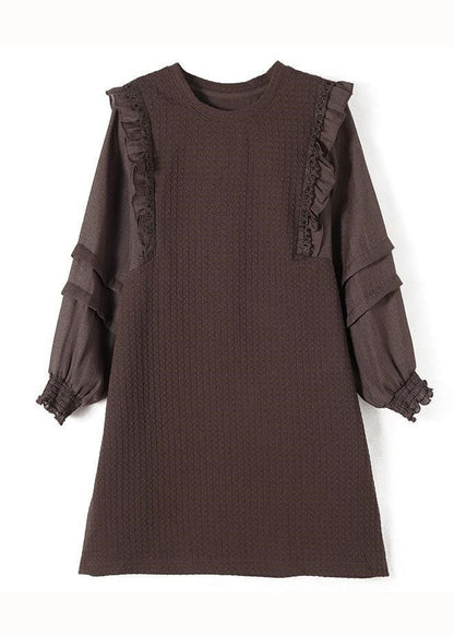 Coffee O-neck Ruffled Patchwork Cotton Dresses Spring