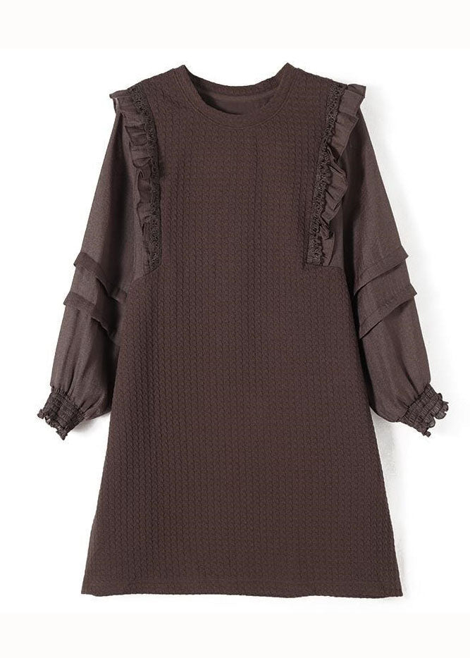 Coffee O-neck Ruffled Patchwork Cotton Dresses Spring