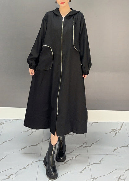 Coffee Patchwork Zippered Hooded Maxi Trench Coat Spring