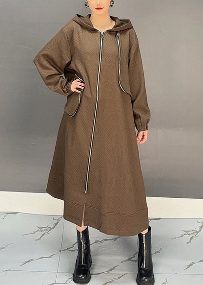 Coffee Patchwork Zippered Hooded Maxi Trench Coat Spring
