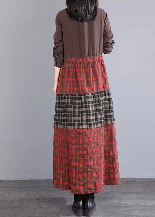 Chocolate Peter Pan Collar Button Tie Waist Plaid Linen Holiday Dress Long Sleeve