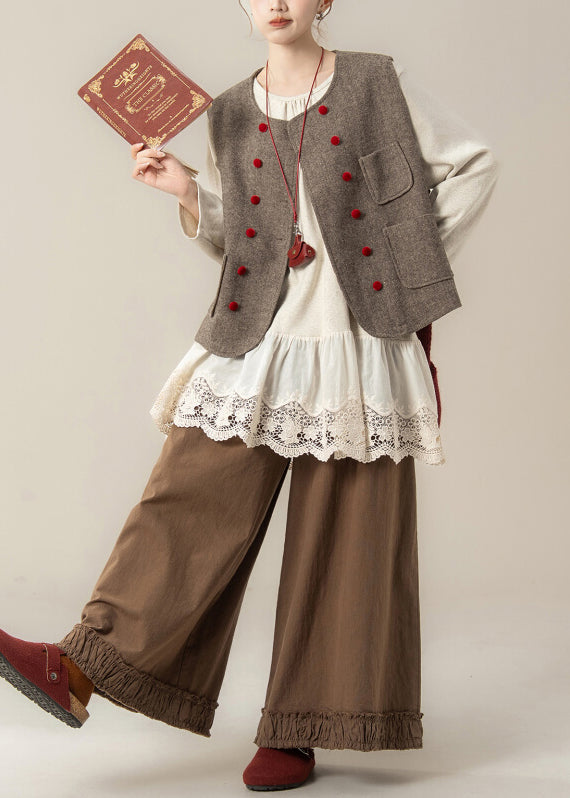 Coffee Pockets Woolen Waistcoat and Ruffled Pants Hollow Out T Shirt Cotton Three Pieces Set Spring