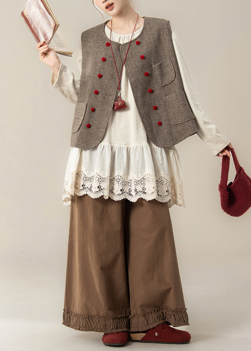 Coffee Pockets Woolen Waistcoat and Ruffled Pants Hollow Out T Shirt Cotton Three Pieces Set Spring