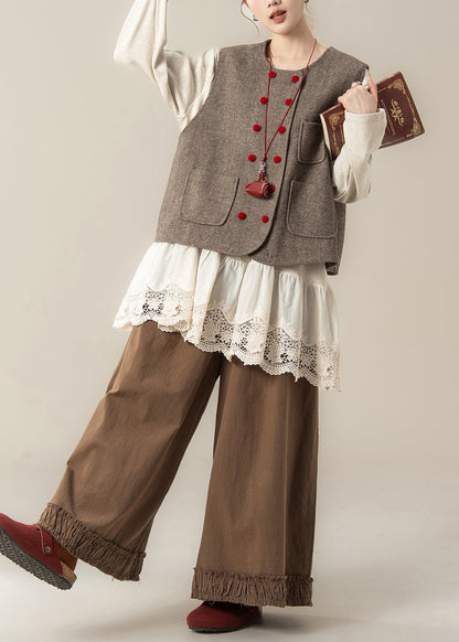 Coffee Pockets Woolen Waistcoat and Ruffled Pants Hollow Out T Shirt Cotton Three Pieces Set Spring