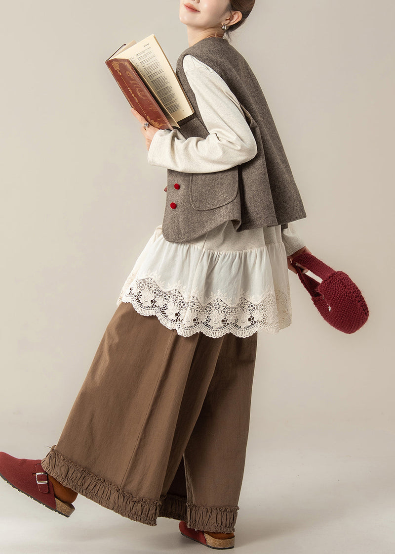 Coffee Pockets Woolen Waistcoat and Ruffled Pants Hollow Out T Shirt Cotton Three Pieces Set Spring