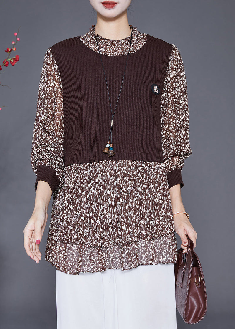 Coffee Print Patchwork Chiffon Knit Fake Two Piece Shirt Fall