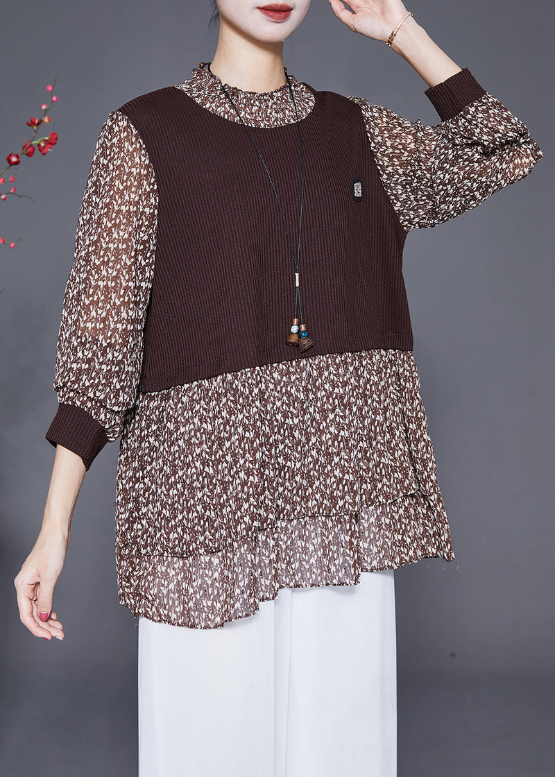 Coffee Print Patchwork Chiffon Knit Fake Two Piece Shirt Fall