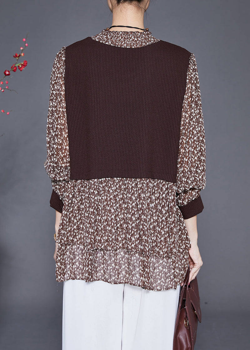 Coffee Print Patchwork Chiffon Knit Fake Two Piece Shirt Fall